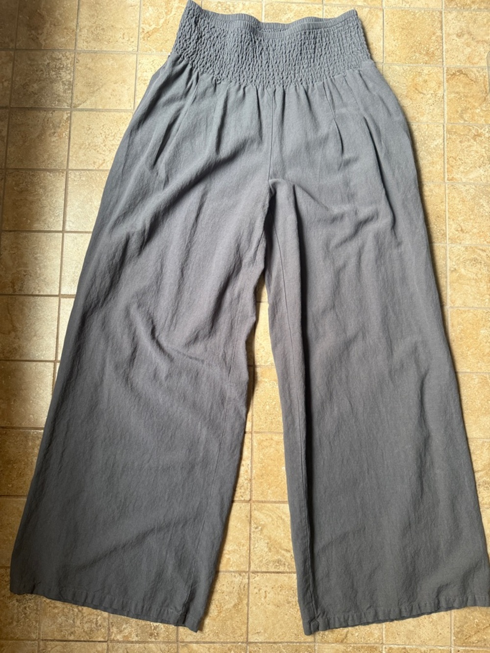 Wide Leg Pants Linen (Flax) Cotton Blend Smocked Waistband Pockets Size M Gray
